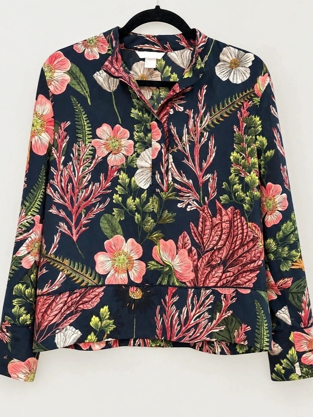 H&M Floral Blouse US 2 Navy Pink Botanical Long Sleeve Boho Cottagecore Top